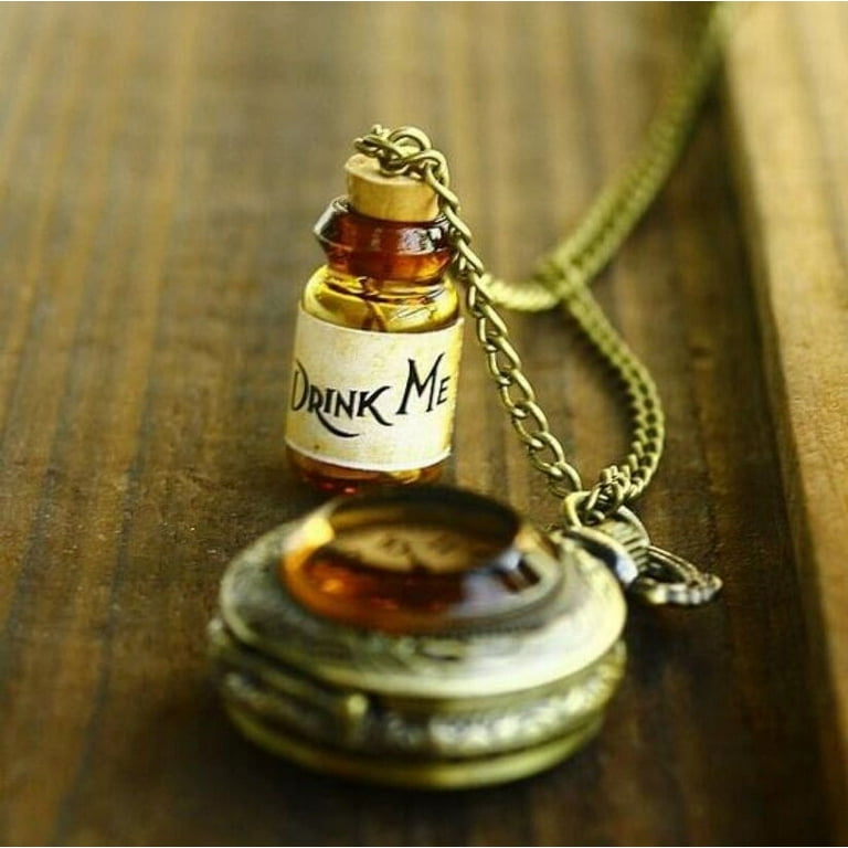 Vintage Drink Me Bottle Pocket Watch Pendant Alice In Wonderland
