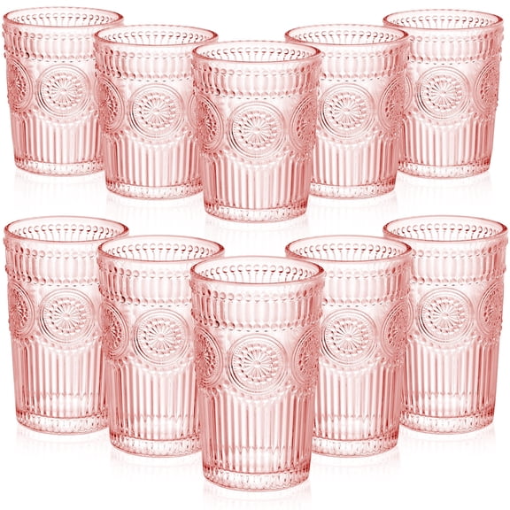 Vintage Drinking Glasses Set - 12 Piece Textured Embossed Glassware 6 Highball Glasses 12 oz & 6 Rocks Glasses 10 oz Romantic Cocktail Cups for Iced Water Juice Tea Beverage Coffee Pink