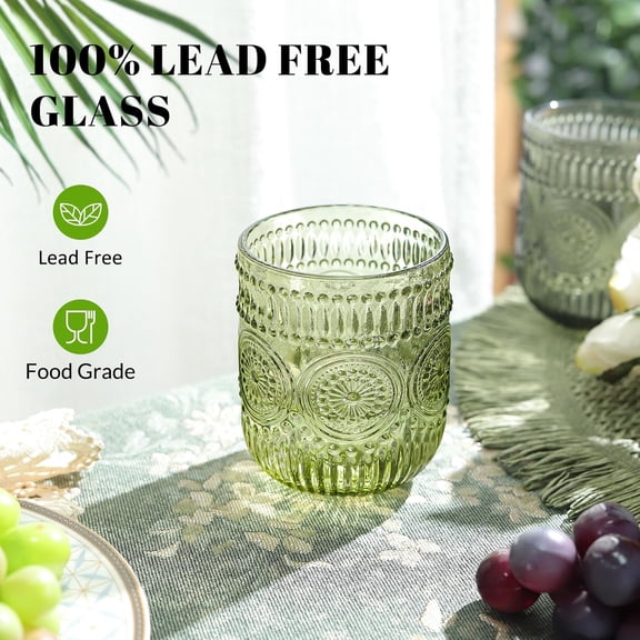 Vintage Drinking Glasses Set of 4,9 oz Green Embossed Sunflower Small Water Glass Tumbler Cups,Colored Romantic Beaded Glassware for Beverages Cocktail Juice Wine,Dishwasher Safe