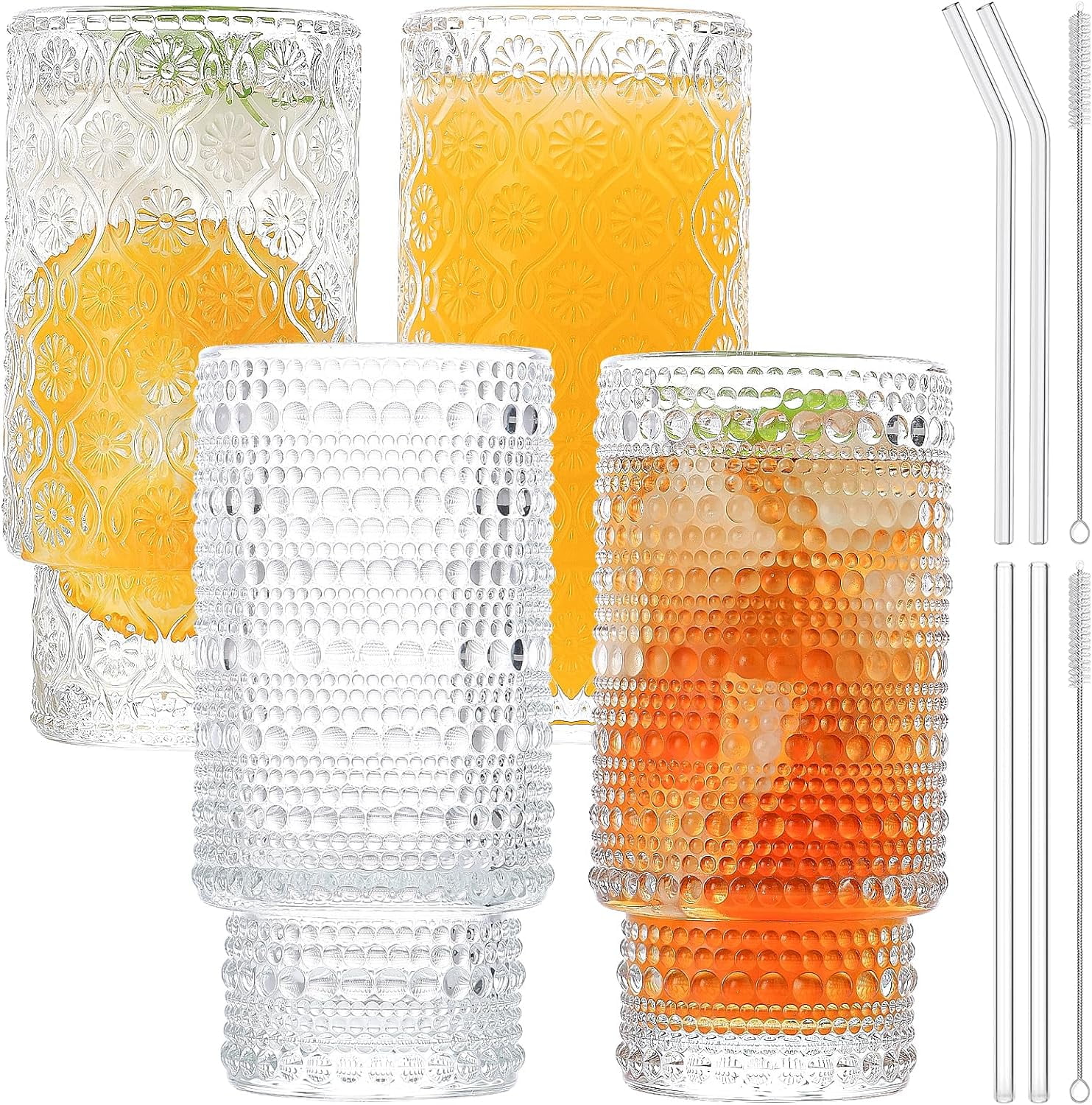 Vintage Drinking Glasses Set of 4 with Straw 12OZ Aesthetic Highball ...