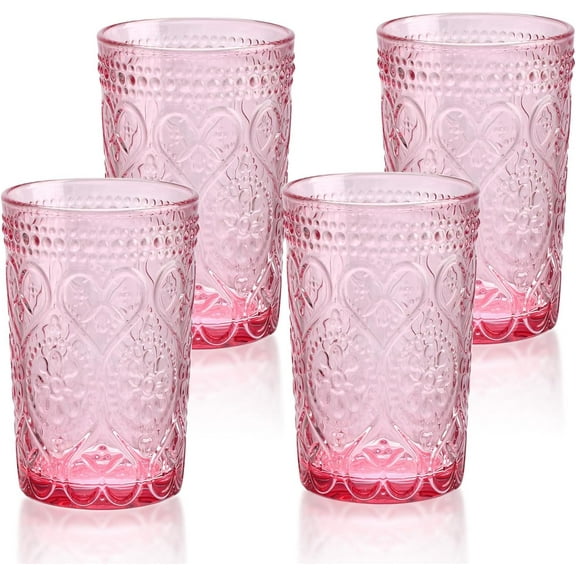Vintage Drinking Glasses Set of 4-12 OZ Pink Embossed Old Fashioned Water Glasses Tumblers for Whisky, Beer, Juice, Beverages, Cocktail