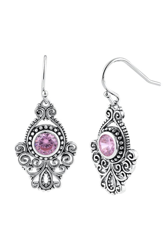 Vintage Drop Earrings Pink CZ 6 mm Round Boho Statement Jewelry for Women, Hook Style Gift Made in 925 Sterling Silver