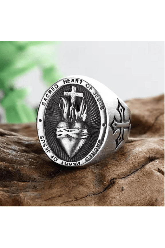 Vintage Dropshipping 14K White Gold Ladies Mens Biker Punk Sacred Heart Of Jesus God Ring Cross Amulet Jewelry For Man Gift