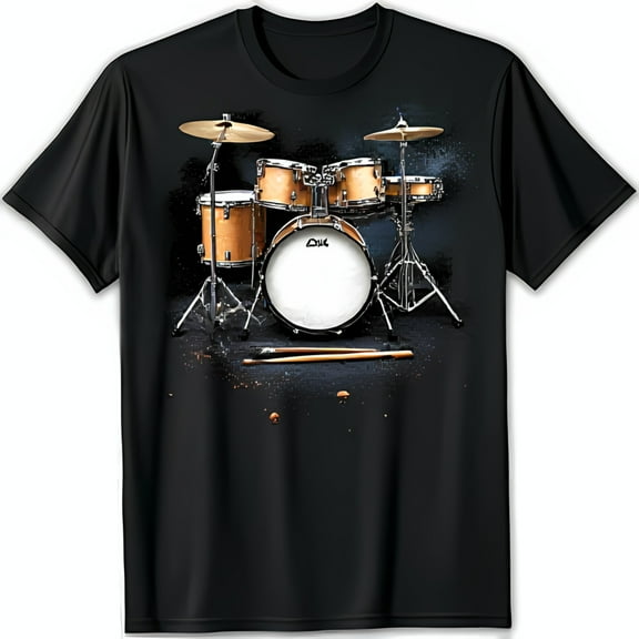 Vintage Drum Set Graphic Black T-Shirt Look Music Lover Tee
