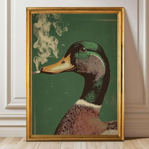 Vintage Duck Canvas Wall Art Antique Animal Prints Duck Smoking Cigarette Poster Vintage Mallard Artwork Whimsical Art Prints Green Animal Artwork Funny Mallard Poster for Wall