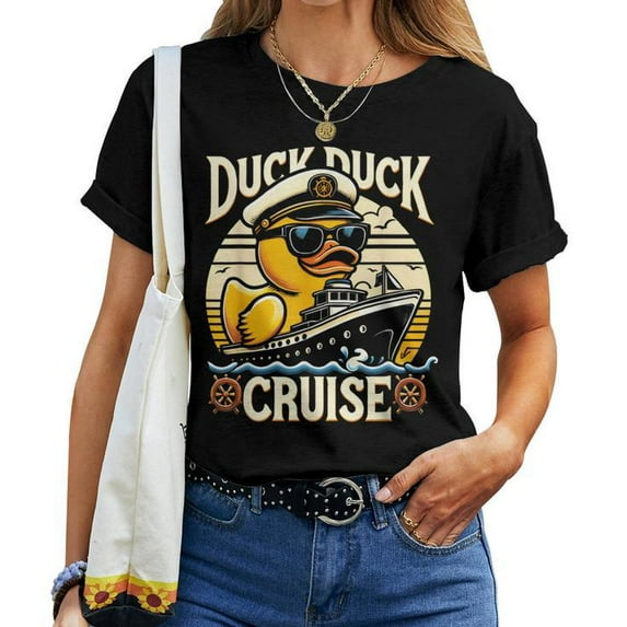 Vintage Duck Duck Cruise Family Cruising Matching Women T-Shirt, Funny Vacation Graphic Tee for Cruise Trip, Nautical Travel Shirt for Mom Sister Daughter, Casual Short Sleeve Top for