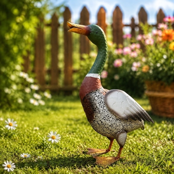 Vintage Duck Figurine, Wrought Iron Patio Pond Decor, Lifelike Bird Ornament for Garden Yard Art, Rustic Farmhouse Metal Sculpture for Outdoor