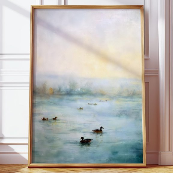 Vintage Duck Lake Scene Calm Water Nature Landscape Art, Stretched Canvas 12x16in
