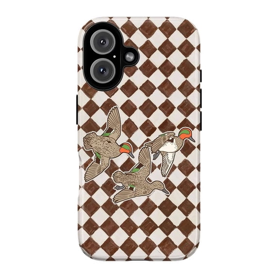 Vintage Duck Phone Case, Brown Checkerboard Pattern Flying Mallard Birds Retro Outdoors Cover for iPhone 17 16 15 14 13 12 11 Plus Pro Max Mini
