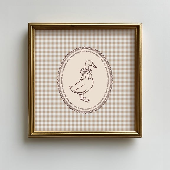 Vintage Duck with Bow Brown Gingham Print Elegant Cottage Neutral Beige Baby Nursery Unframed Paper Print