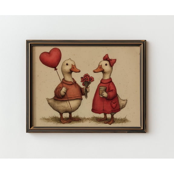 Vintage Ducks In Love Romantic Wall Art, Unframed Paper Print Size 8x12