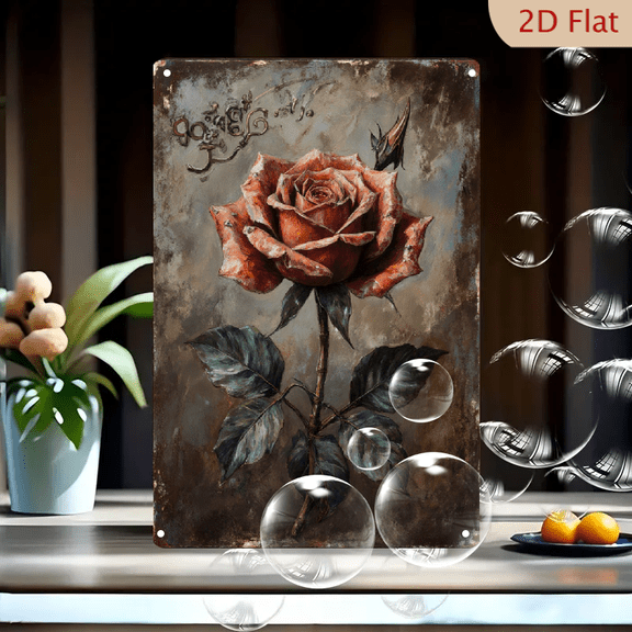 Vintage Dusty Rose Floral Wall Art 8x12 Inches, Ornate Calligraphy & Green Leaves on Weathered Canvas Texture, Melancholy Beauty Metal Tin Print for Living Room Decor