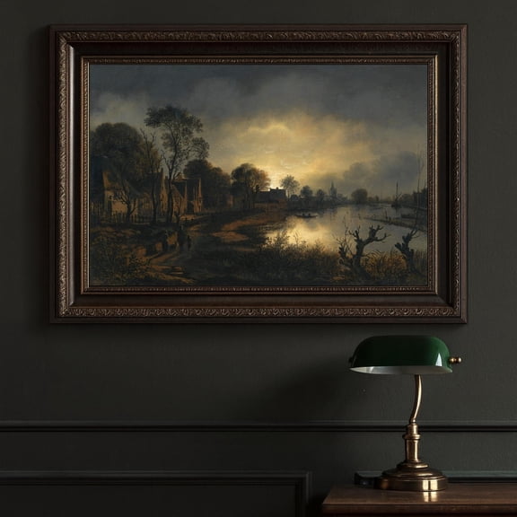 Vintage Dutch Riverside Sunset Dark Romantic Landscape UNFRAMED Poster, Wall Art for Decor, Present, 16x24