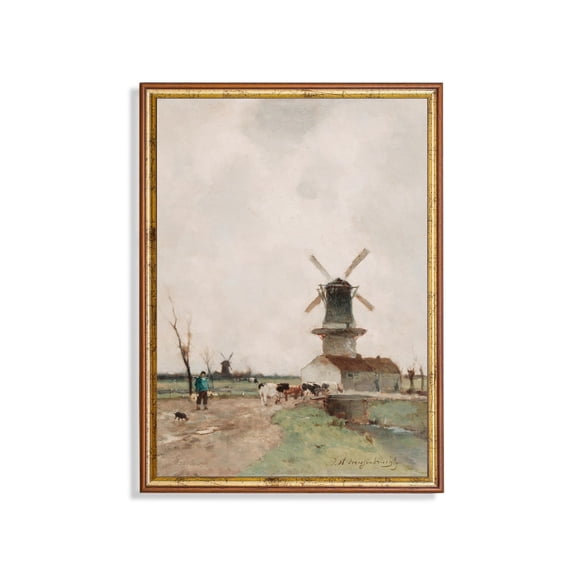 Vintage Dutch Windmill Antique Farmhouse Landscape Unframed Paper Print