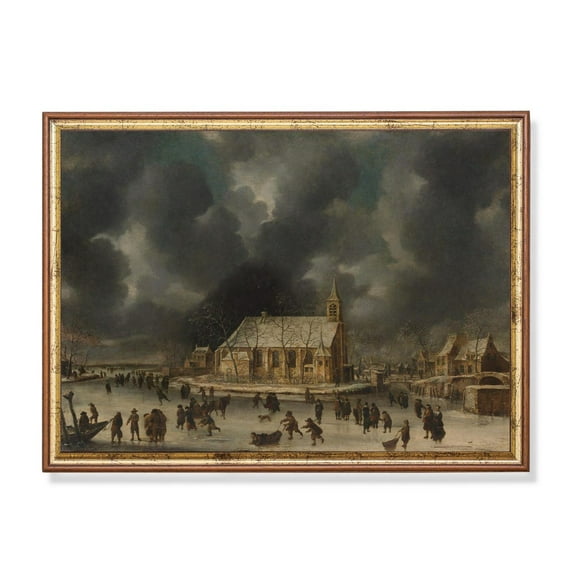 Vintage Dutch Winter Castle Scene Ice Skaters, Golden Age Landscape Home Decor, 8x12 UNFRAMED