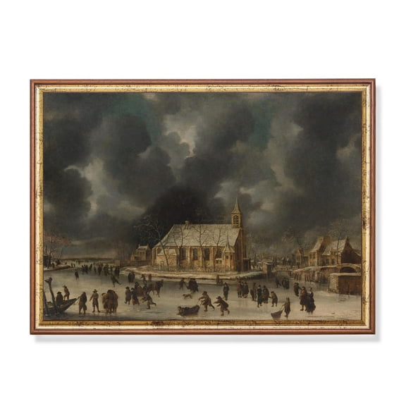 Vintage Dutch Winter Castle Scene Ice Skaters, Golden Age Landscape Home Decor, 8x12 UNFRAMED
