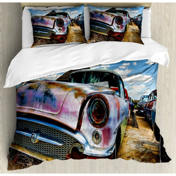 Vintage Duvet Cover Set, Abandoned Vintage Cars Rusting in a Ghost Town Cloudy Sky Digital Image, Decorative 3 Piece Bedding Set with 2 Pillow Shams, Queen Size, Pale Coffee and Blue, by Ambesonne