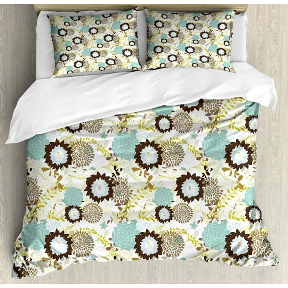 Vintage Duvet Cover Set, Abstract Pattern of Old Fashioned Exotic Flowers Retro Revival Blossoms, Decorative 3 Piece Bedding Set with 2 Pillow Shams, Queen Size, Seafoam Brown Green, by Ambesonne
