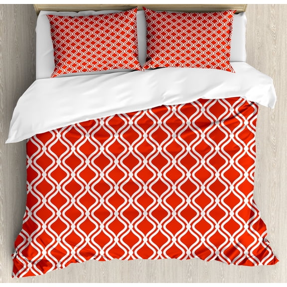 Vintage Duvet Cover Set, Abstract Pattern with Warm Toned Monochrome Lattice in Nostalgic Design, Decorative 3 Piece Bedding Set with 2 Pillow Shams, Calking Size, Vermilion and White, by Ambesonne