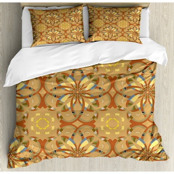 Vintage Duvet Cover Set, African Cultural Themed Pattern with Middle Ages Floral Motifs Art, Decorative 3 Piece Bedding Set with 2 Pillow Shams, King Size, Sand Brown and Multicolor, by Ambesonne
