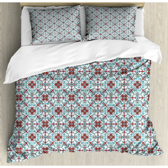 Vintage Duvet Cover Set, Antique Floral Pattern Italian Majolica Style Ornate Illustration, Decorative 3 Piece Bedding Set with 2 Pillow Shams, King Size, Pale Blue Red Green, by Ambesonne