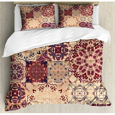Vintage Duvet Cover Set, Antique Traditional Ceramic Tiles Ornamental Moroccan Image Print, Decorative 3 Piece Bedding Set with 2 Pillow Shams, Calking Size, Dried Rose Ivory, by Ambesonne