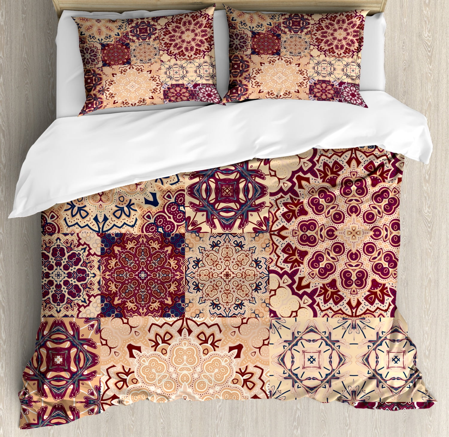 Queen Dried Rose Ivory Moroccan Print Duvet Cover Set
