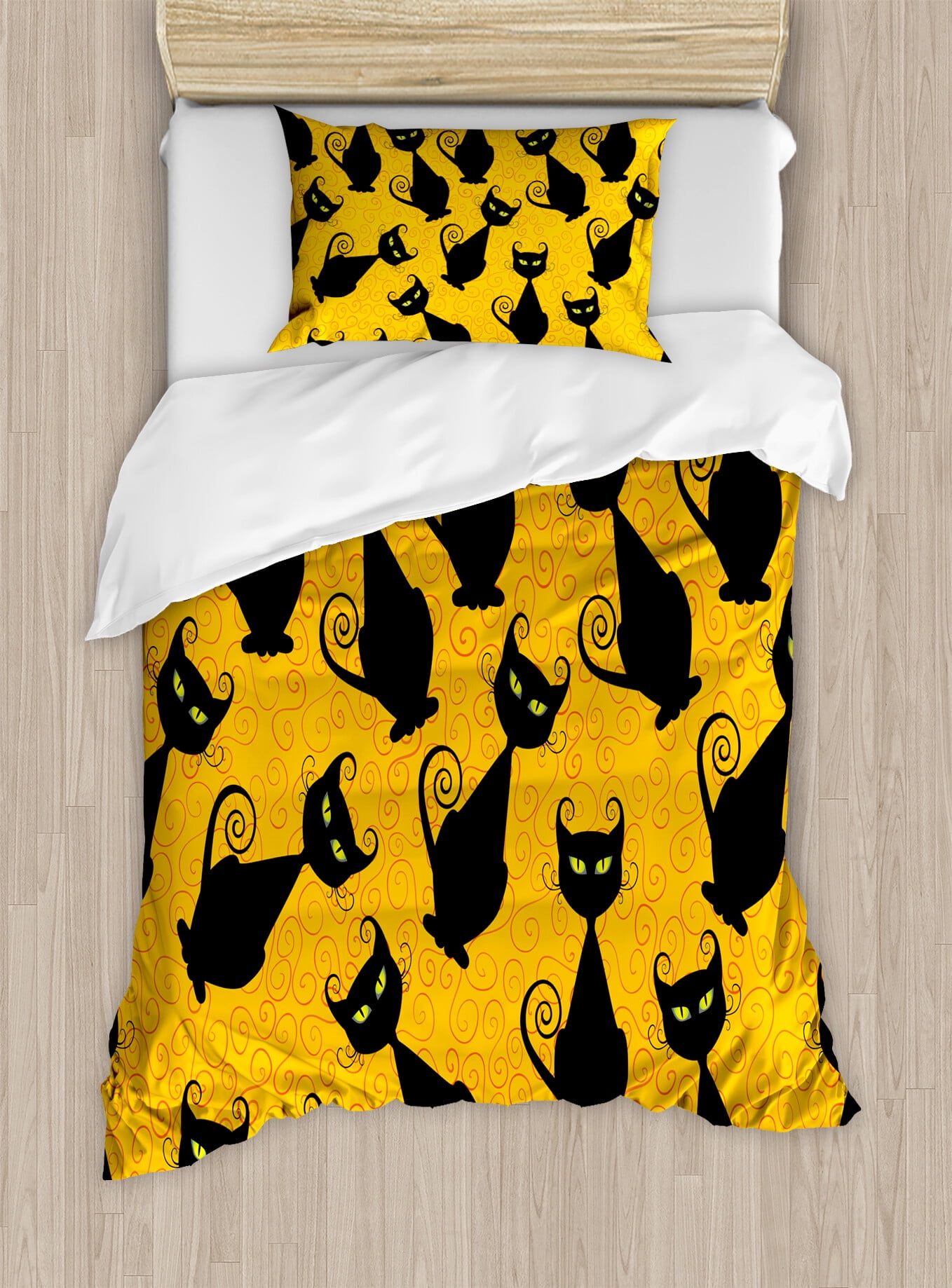 Twin Black Cat Halloween Orange Duvet Cover Set