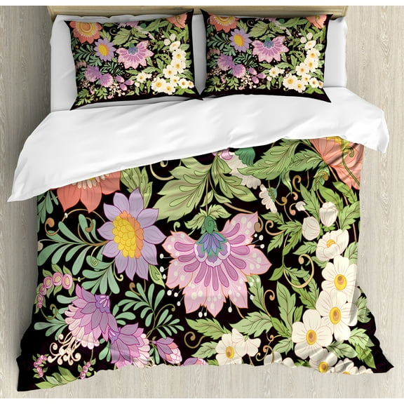 Vintage Duvet Cover Set, Blooming Flowers Nostalgia on Dark Background, Decorative 3 Piece Bedding Set with 2 Pillow Shams, Calking Size, Dark Brown Multicolor, by Ambesonne