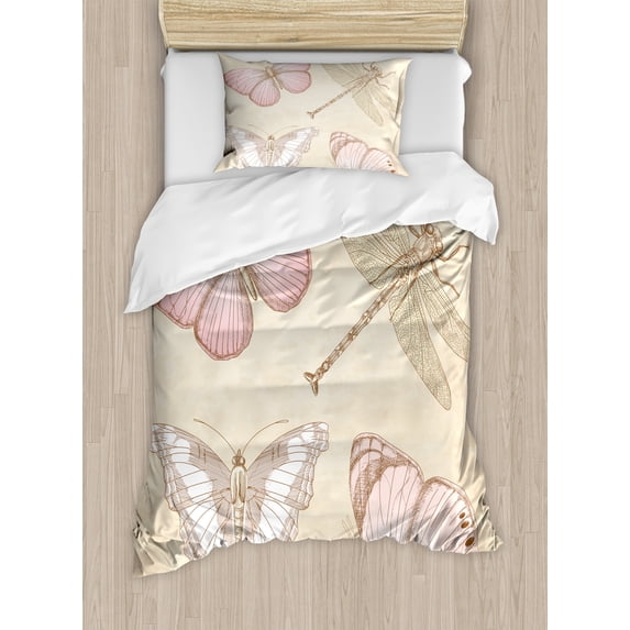 Vintage Duvet Cover Set, Butterflies Bugs Old Collector Image on Abstract Retro Backdrop Art, Decorative 2 Piece Bedding Set with 1 Pillow Shams, Twin Size, Pale Pink and Pale Grey, by Ambesonne