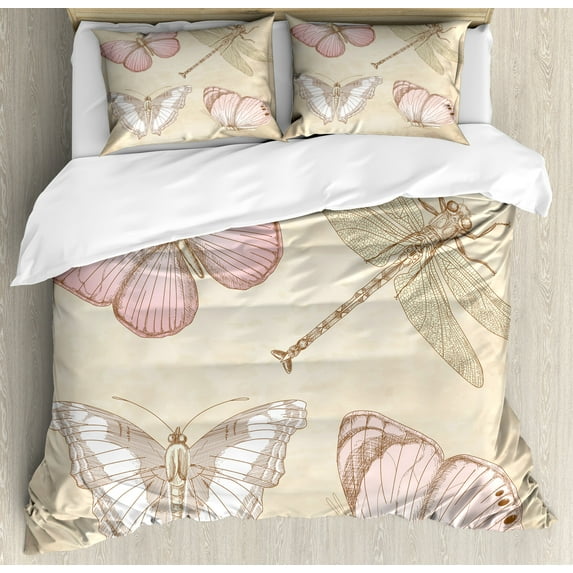 Vintage Duvet Cover Set, Butterflies Bugs Old Collector Image on Abstract Retro Backdrop Art, Decorative 3 Piece Bedding Set with 2 Pillow Shams, Queen Size, Pale Pink and Pale Grey, by Ambesonne