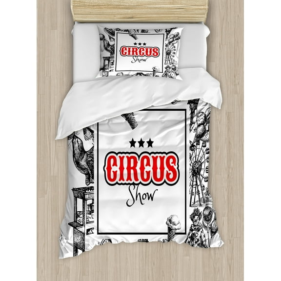 Vintage Duvet Cover Set, Circus Show Logo with Magician Creepy Tricks Performance Sketchy Art, Decorative 2 Piece Bedding Set with 1 Pillow Shams, Twin Size, Orange Black, by Ambesonne