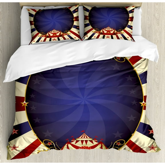 Vintage Duvet Cover Set, Circus Theme Retro Carnival Tent Ribbon Poster Like Image Illustration, Decorative 3 Piece Bedding Set with 2 Pillow Shams, Calking Size, Pale Yellow Navy Blue, by Ambesonne