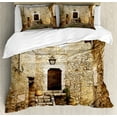 thumbnail image 1 of Vintage Duvet Cover Set, Confined Cobble Street Sandstone Houses and Shutter Windows Travel Tourist Place Image, Decorative 3 Piece Bedding Set with 2 Pillow Shams, King Size, Cream, by Ambesonne, 1 of 2