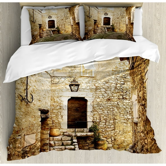 Vintage Duvet Cover Set, Confined Cobble Street Sandstone Houses and Shutter Windows Travel Tourist Place Image, Decorative 3 Piece Bedding Set with 2 Pillow Shams, King Size, Cream, by Ambesonne