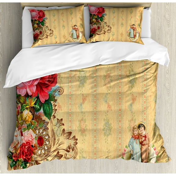 Vintage Duvet Cover Set, Country House Themed Romantic Image with Retro Romantic Roses, Decorative 3 Piece Bedding Set with 2 Pillow Shams, Calking Size, Sand Brown Pale Pink, by Ambesonne