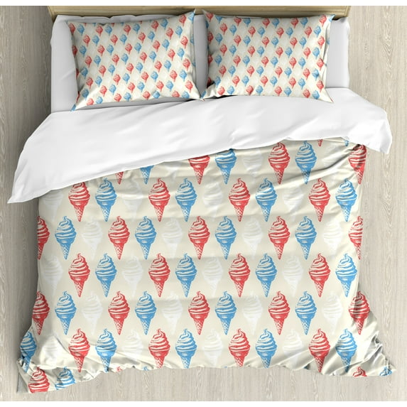 Vintage Duvet Cover Set, Dessert Theme Delicious Creamy Sugary Treats Illustration of Ice Cream, Decorative 3 Piece Bedding Set with 2 Pillow Shams, King Size, Eggshell Red and Blue, by Ambesonne