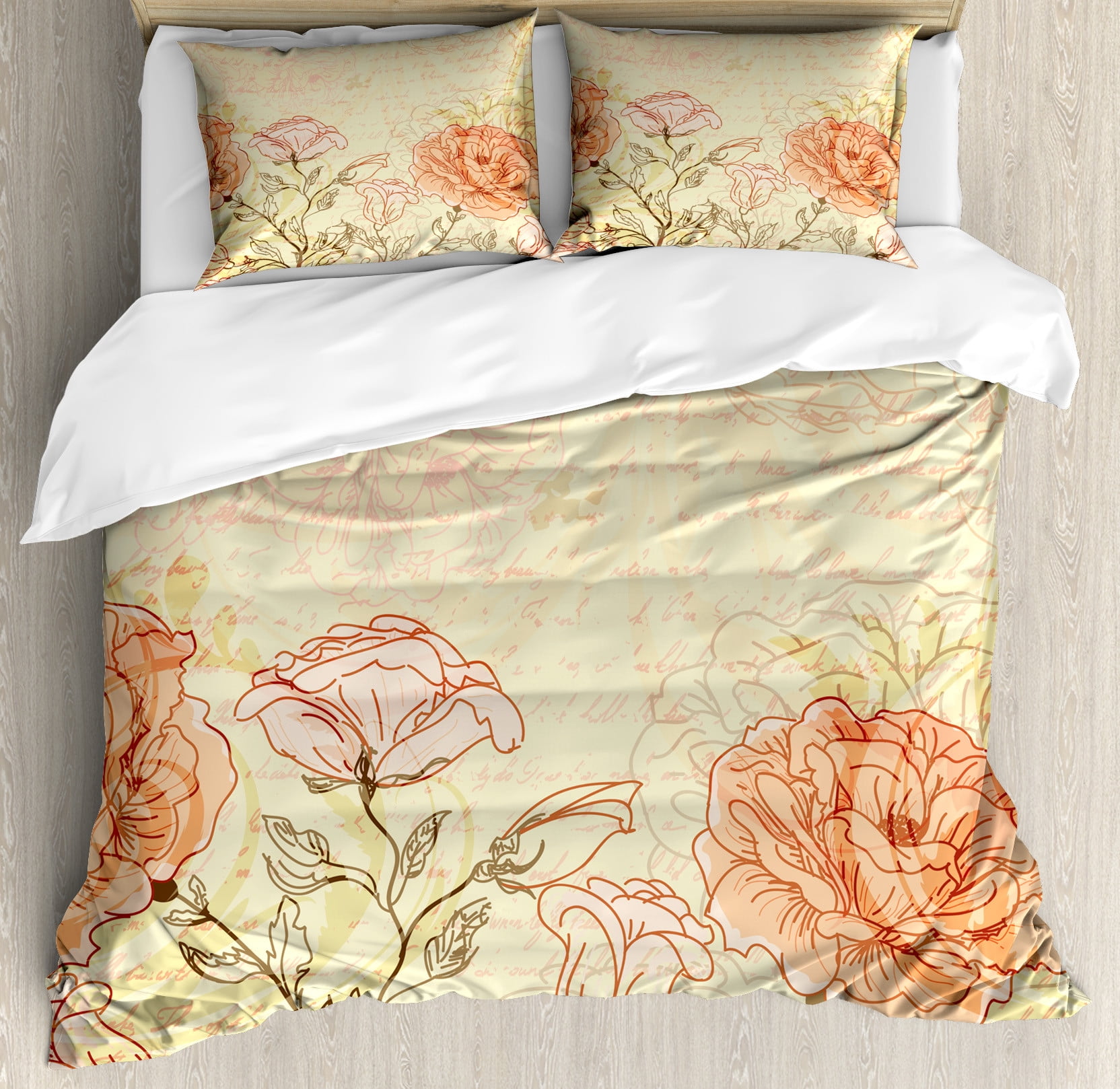 Cream Pink Floral King Duvet Cover Set with Pillow Shams
