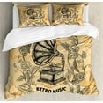 thumbnail image 1 of Vintage Duvet Cover Set, Drawing of Nostalgic Gramophone Vinyl Rose Petals Leaves with Retro Music Banner, Decorative 3 Piece Bedding Set with 2 Pillow Shams, Queen Size, Orange Black, by Ambesonne, 1 of 3
