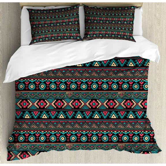 Vintage Duvet Cover Set, Eastern Style Doodles Native Tribe Art Folk Oriental Art, Decorative 3 Piece Bedding Set with 2 Pillow Shams, Calking Size, Dark Coral Aqua Yellow, by Ambesonne