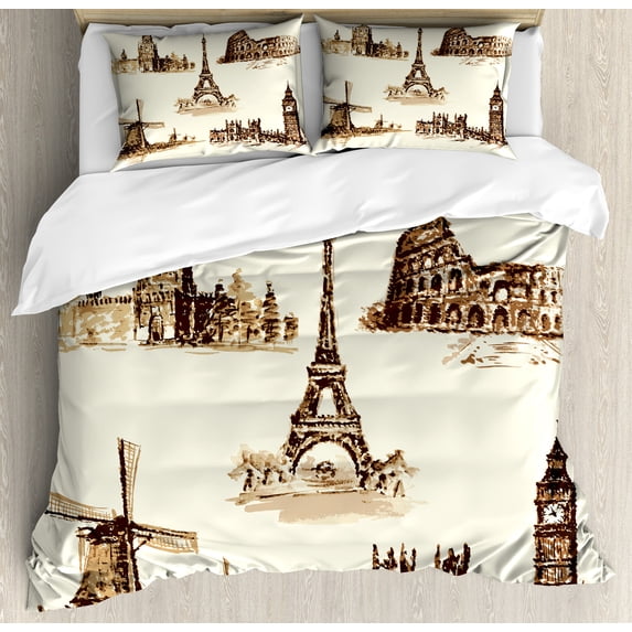 Vintage Duvet Cover Set, European Landmark Traveller Tourist Cities Italy France Spain Sketchy Image, Decorative 3 Piece Bedding Set with 2 Pillow Shams, Calking Size, Brown and Cream, by Ambesonne