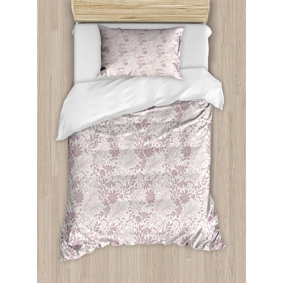 Vintage Duvet Cover Set, Floral Pattern with Spring Themed Wild Herbs and Flowers in Tender Tones, Decorative 2 Piece Bedding Set with 1 Pillow Shams, Twin Size, Grey Pink and Ivory, by Ambesonne