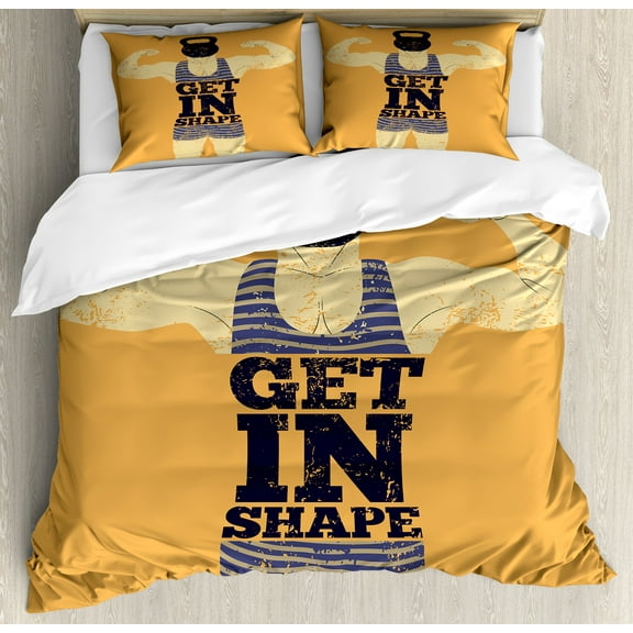 Vintage Duvet Cover Set, Get in Shape with a Male Human Body with Muscles Bodybuilding Comic Design Image Print, Decorative 3 Piece Bedding Set with 2 Pillow Shams, King Size, Orange, by Ambesonne