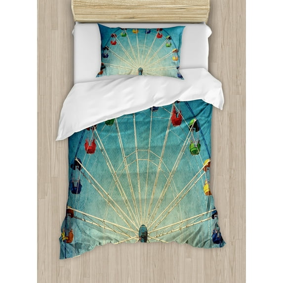 Vintage Duvet Cover Set, Giant Vertical Revolving Ferris Wheel Activity up Antique Entertainment Old Days Picture, Decorative 2 Piece Bedding Set with 1 Pillow Shams, Twin Size, Blue, by Ambesonne