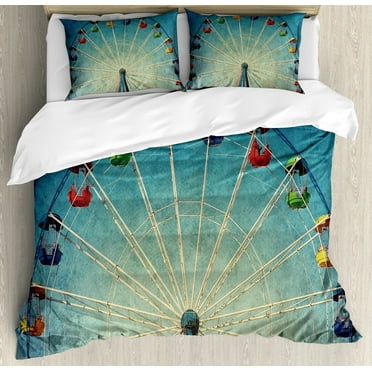Vintage Duvet Cover Set, Giant Vertical Revolving Ferris Wheel Activity up Antique Entertainment Old Days Picture, Decorative 3 Piece Bedding Set with 2 Pillow Shams, Calking Size, Blue, by Ambesonne
