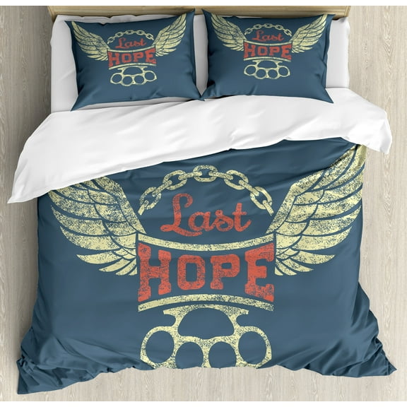 Vintage Duvet Cover Set, Grunge Style Wings Chain Brass Knuckles Last Hope Words for Bikers, Decorative 3 Piece Bedding Set with 2 Pillow Shams, Calking Size, Pale Yellow Slate Blue, by Ambesonne