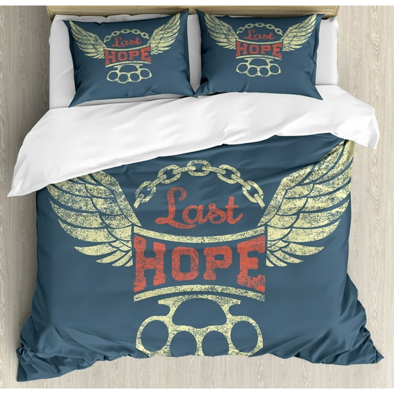 Vintage Duvet Cover Set, Grunge Style Wings Chain Brass Knuckles Last Hope Words for Bikers, Decorative 3 Piece Bedding Set with 2 Pillow Shams, Queen Size, Pale Yellow Slate Blue, by Ambesonne