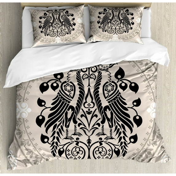 Vintage Duvet Cover Set, Heraldic Eagle Birds with Damask Floral Victorian Retro Design, Decorative 3 Piece Bedding Set with 2 Pillow Shams, Queen Size, Tan Black White, by Ambesonne