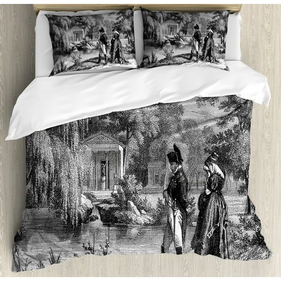 Vintage Duvet Cover Set, Historical French Revolution Sketch with Napoleon and Woman in Garden Art, Decorative 3 Piece Bedding Set with 2 Pillow Shams, Calking Size, Dark Grey Black, by Ambesonne