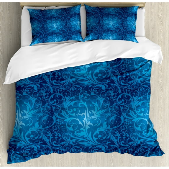 Vintage Duvet Cover Set, Illustration of Monochrome Style Garden Flourishes Vintage Leaves Branches, Decorative 3 Piece Bedding Set with 2 Pillow Shams, Calking Size, Sea Blue Sky Blue, by Ambesonne